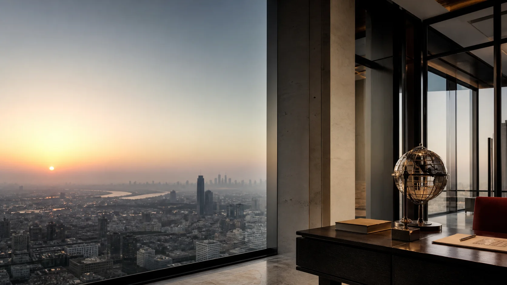 Global city horizon viewed from a refined investment office